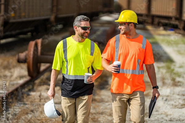 Obraz Two construction workers in helmet at building. Construction building. Construction site managers. Workers in helmet on the new building. Two builder with hardhat helmet on construction site.