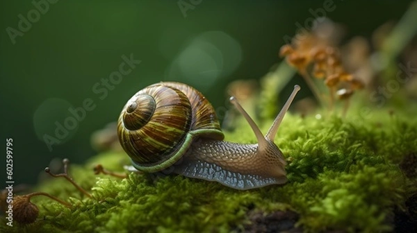 Obraz Snail Crawling at a Snail's Pace on Green Background
