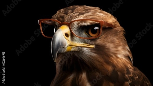 Obraz Intelligent Eagle Wearing Glasses on Dark Brown Studio Background
