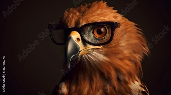 Obraz Intelligent Eagle Wearing Glasses on Dark Brown Studio Background