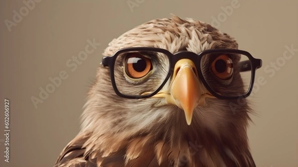 Obraz Intelligent Eagle Wearing Glasses on Light Brown Studio Background