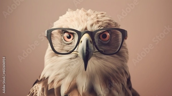 Obraz Intelligent Eagle Wearing Glasses on Light Brown Studio Background