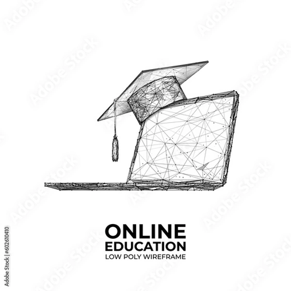 Fototapeta Digital graduation cup and laptop isolated on white background. Home online learning concept. Abstract 3D wireframe vector illustration.