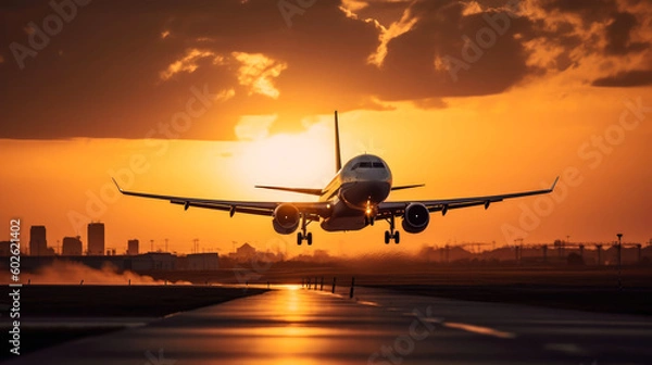 Fototapeta  Airplane landing on runway at sunset. Passenger plane taking off from runway. Generated AI