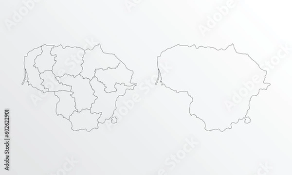 Fototapeta Black Outline vector Map of Lithuania with regions on white background