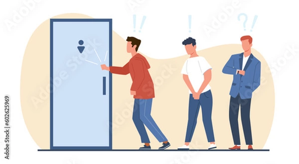 Fototapeta Queue to mens room, men waiting at door of toilet, standing in line. Unhappy male and female characters feel malaise, people need to pee, occupied wc cartoon flat isolated vector concept
