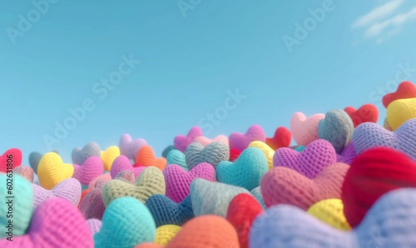 Fototapeta bunte Strickherzen vor blauen Hintergrund, Generative Ai