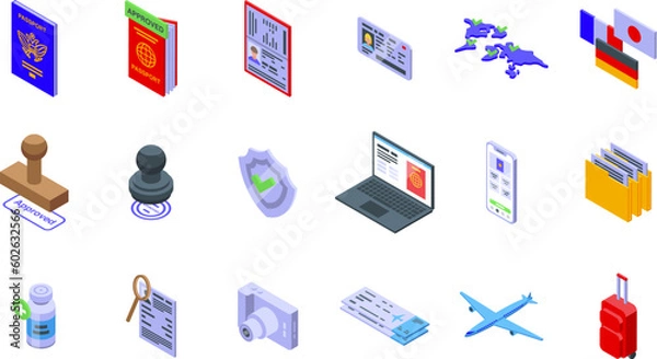 Fototapeta Getting a passport icons set isometric vector. Stamp paper. Doctor mobile