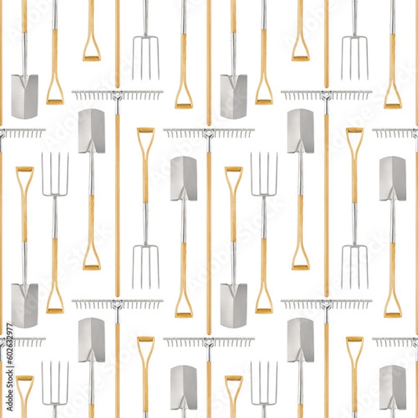 Fototapeta Seamless pattern with gardening equipment and garden tools, rake, spade and fork with wooden handle, top view isolated on white background. Wrapper template for greenhouse, or vegetable garden.