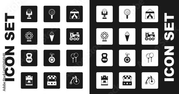 Fototapeta Set Circus tent, Ice cream in waffle cone, Ferris wheel, Attraction carousel, Toy train, Lollipop, Balloons with ribbon and Weight icon. Vector