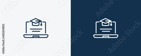 Fototapeta online course icon. Outline online course icon from distance learning collection. Linear vector isolated on white and dark blue background. Editable online course symbol..