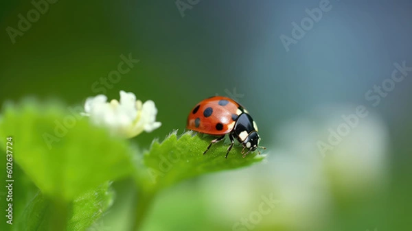 Obraz Macro closeup photography of beauty beautiful black and red ladybug sits on camomile flower, in summer / springtime, at garden, isolated on blurred background. Generative AI