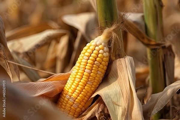 Fototapeta Ripe corn on the cob in the field, close-up