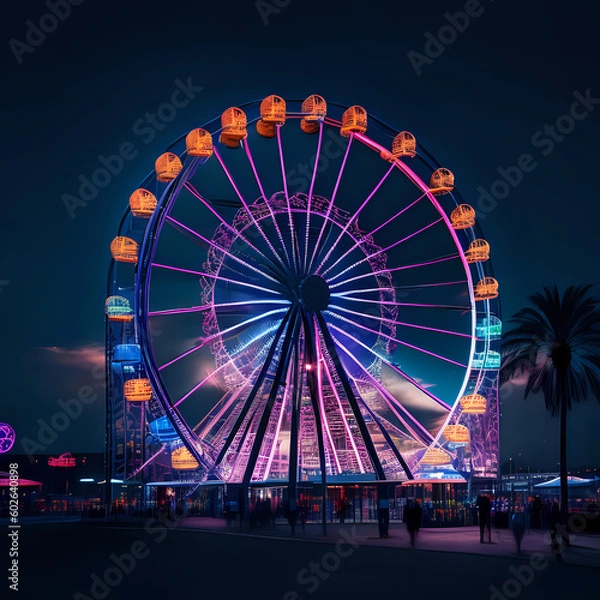 Obraz A Ferris wheel at night created with generative AI