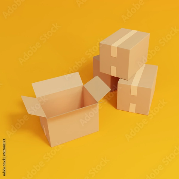 Fototapeta empty cardboard box on Yellow background. 3d illustration