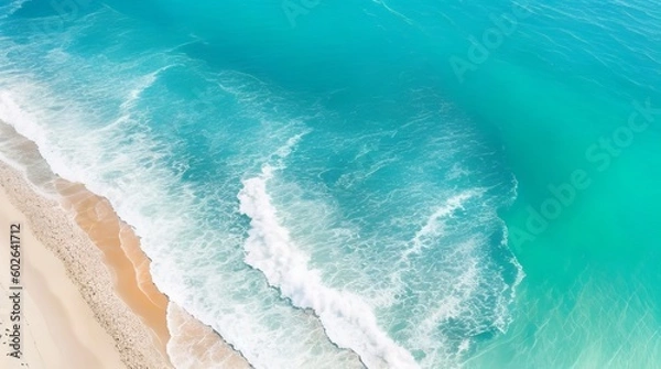 Fototapeta Ocean waves on the beach as a background. Beautiful natural summer vacation holidays background. Aerial top down view of beach and sea with blue water waves with Generative Ai Technology.