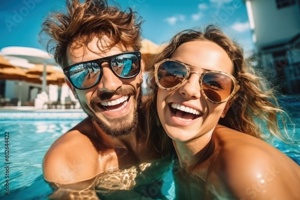 Fototapeta Young couple having fun in a swimming pool in hotel resort. Summer vacation. generative AI.