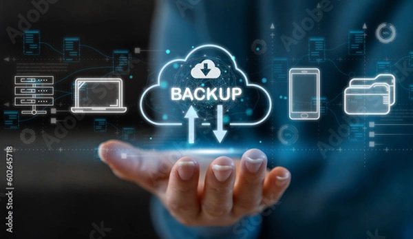 Obraz Hand hold security backup file storage data concept, technology digital, download, documentation, privacy, password, sharing, cloud online technology to protect computer, file, phone icon.security
