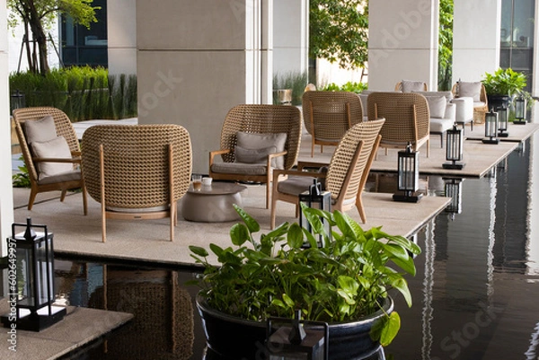 Fototapeta Seats with back pillows for relaxation
