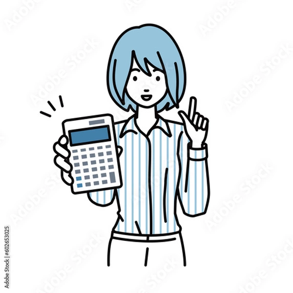 Fototapeta 立って電卓を指差してこちらに向けて見せているブラウスの女性