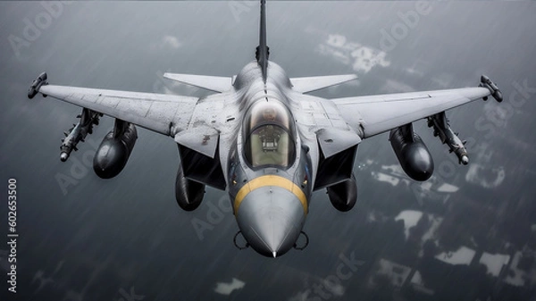 Fototapeta F-16 Fighting Falcon in Rainy grey Sky. Generative AI