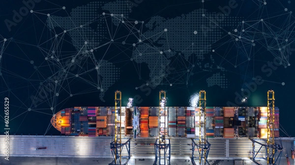 Obraz Aerial Top view. Container ship in the pier with crane bridge carries and physical system icons out export and import business in the open sea. Logistics and transportation