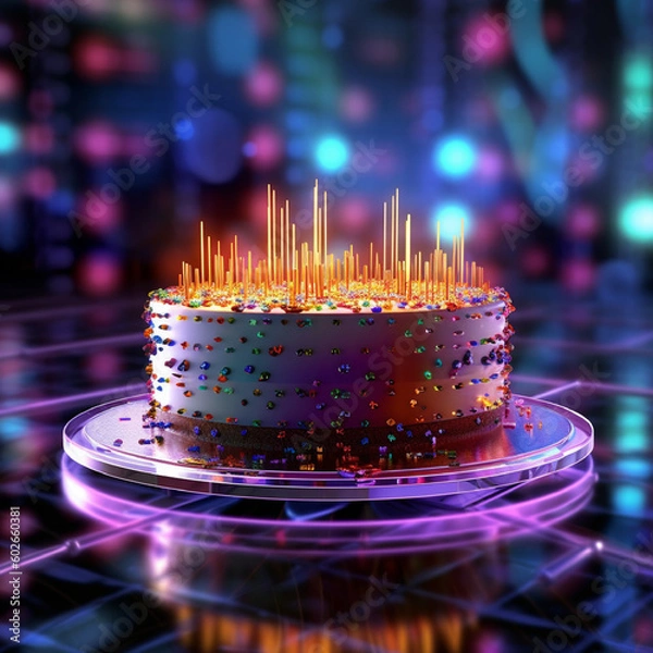 Fototapeta happy birthday celebration, birthday cake and digital technology background by generative AI.