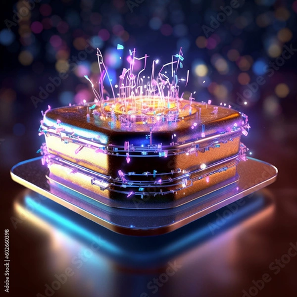 Fototapeta happy birthday celebration, birthday cake and digital technology background by generative AI.