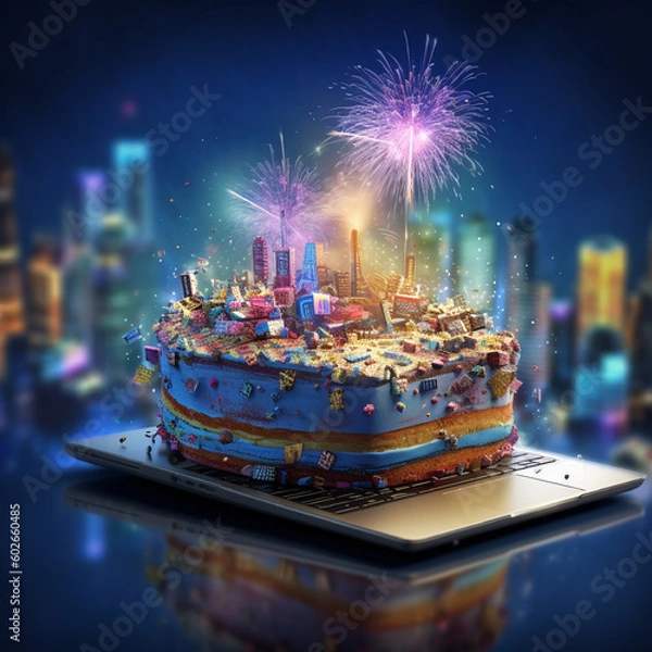 Fototapeta happy birthday celebration, birthday cake and digital technology background by generative AI.