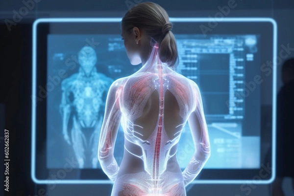 Fototapeta A woman wearing a futuristic suit with sensors for health monitoring and showing chest x-ray and pain areas, in clinic. In front of anatomy hologram screen. Ai generated art.