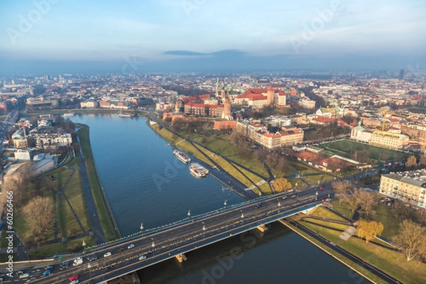 Fototapeta Cracow skyline with aerial view of historic royal Wawel Castle a