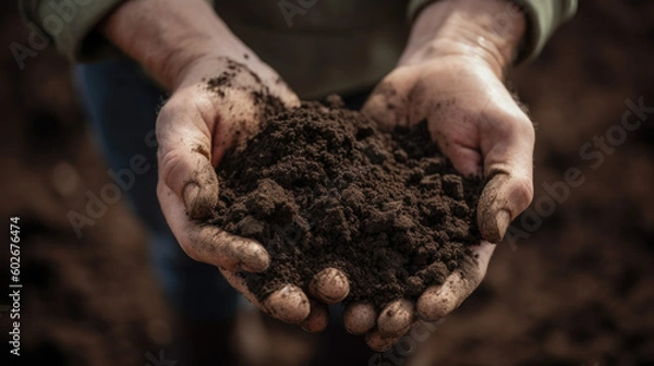 Fototapeta two hands hold fresh earth. Generative AI