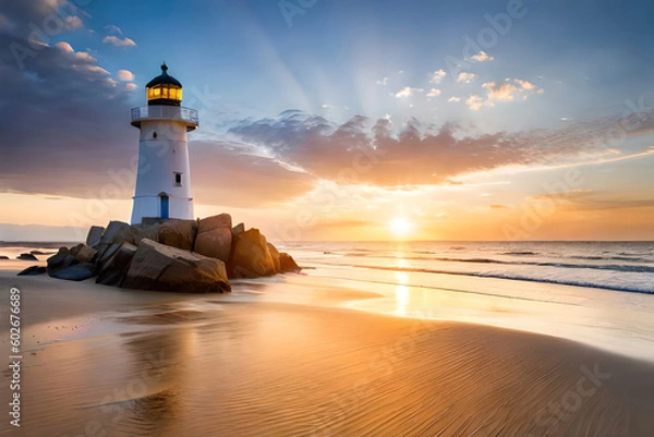 Fototapeta Lighthouse on sunset, generative ai