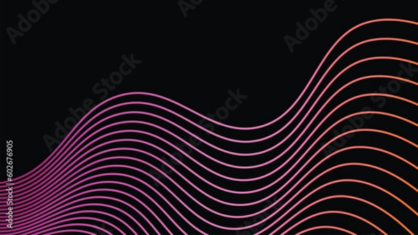Fototapeta Abstract vector geometric Illustration of the pattern of flowing pink and orange lines on black background. Digital future technology concept design. 