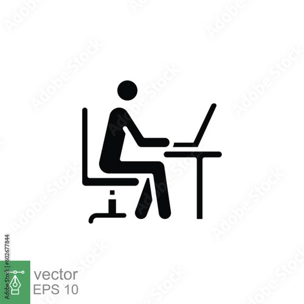 Fototapeta Man behind computer desk icon. Simple solid style. Person, work, laptop, table, chair office concept. Black silhouette, glyph symbol. Vector illustration isolated on white background. EPS 10.
