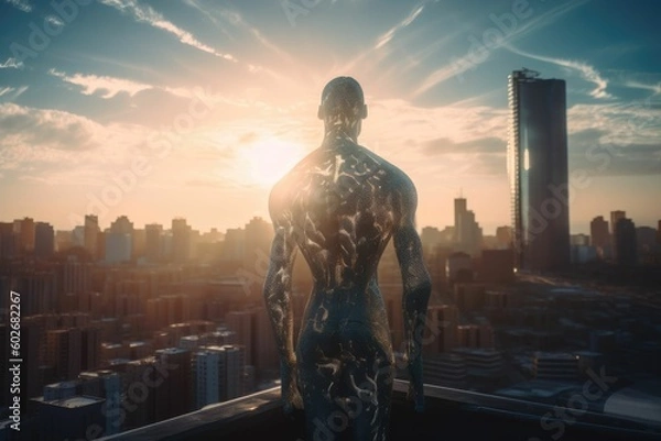 Obraz statue looking over a city. Generative AI