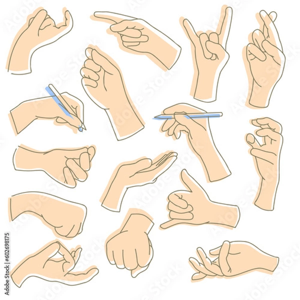 Fototapeta Set of symbolic hand gestures. Expression of emotions with gestures. Fist, indication of observation, outstretched palm, grab, ask, come here