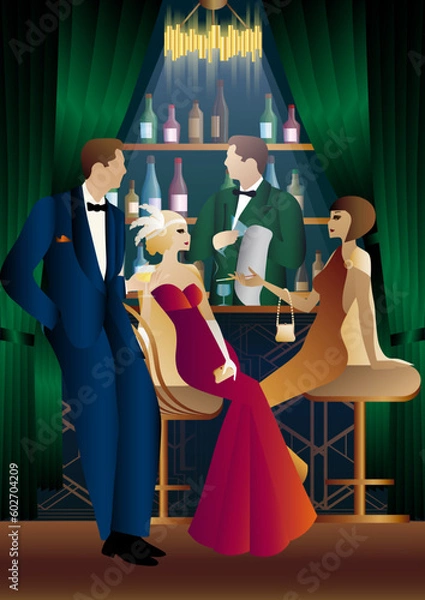 Obraz The party at the bar in the style of the early 20th century. Retro party vector illustration. Art Deco style.