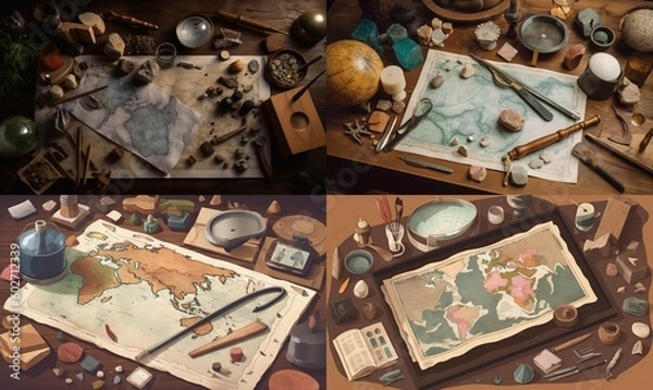 Fototapeta  two pictures of a table with a map and other items.  generative ai