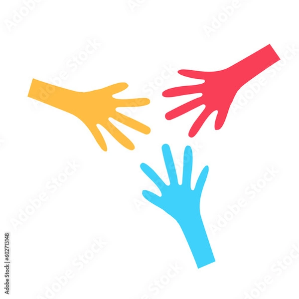 Fototapeta Different hands uniting and coming together. Vector drawing doodle icon illustration. Teamwork partnership
