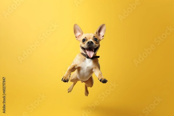 Obraz Happy dog ​​jumping on a yellow background. 
Great concept for banners for petshops and virtual stores in the pet niche. Generative AI