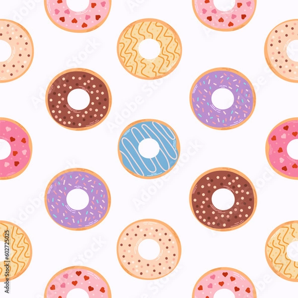 Fototapeta Seamless pattern with colorful donuts. Various types of donuts in glaze and chocolate. Flat vector cartoon illustration.