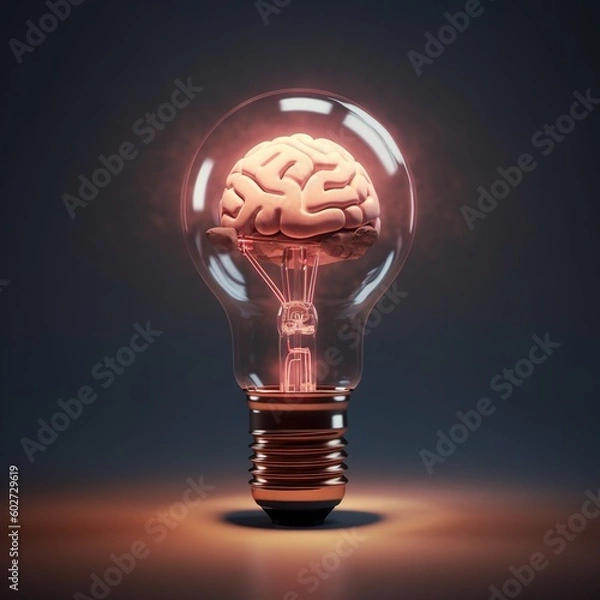 Fototapeta A lightbulb glows with the power of human intellect. A brain, the source of ideas and innovation, illuminates the possibilities of the future. The image invites us to explore the potential of our mind