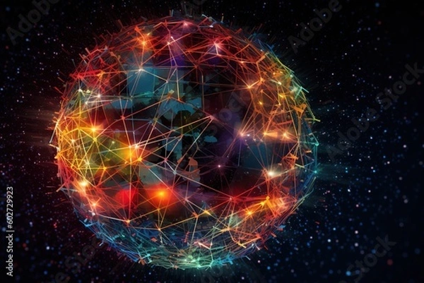 Fototapeta A vibrant, abstract representation of digital transformation. Interconnected data flows, glowing tech symbols, and hands reaching towards a bright future.