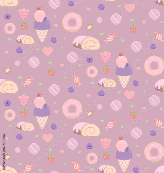 Fototapeta Cute seamless pattern with sweet ice cream elements, candies, hearts, cakes, berries