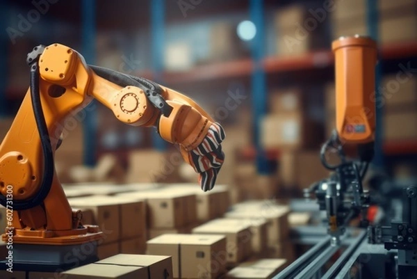 Fototapeta The robot working in the box warehouse with Ai Generated