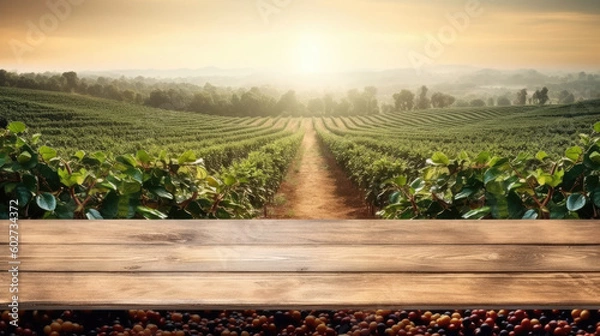 Fototapeta Coffee Oasis. Immerse yourself in the calming ambiance of a wood table, set against a captivating coffee field background. A moment of stillness AI Generative