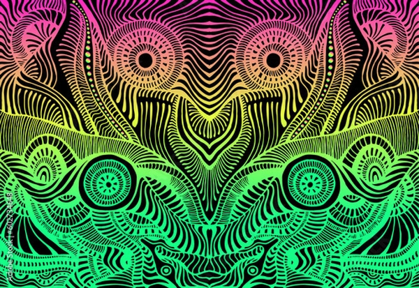 Fototapeta Glowing psychedelic symmetrical motley trippy abstract texture, bright pink, yellow, turquoise gradient color outline, isolated black