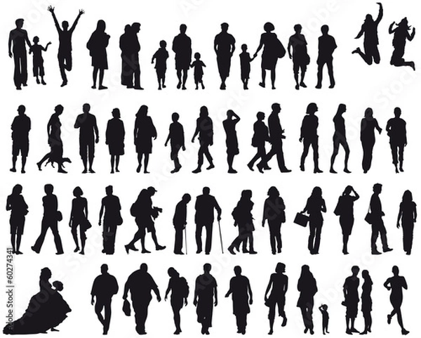 Fototapeta Zestaw ludzi - sylwetka - czarny - wektor, różny wiek, pokolenia, młodzi i starzy, mieszany użytek, społeczeństwo w akcji, aktywność