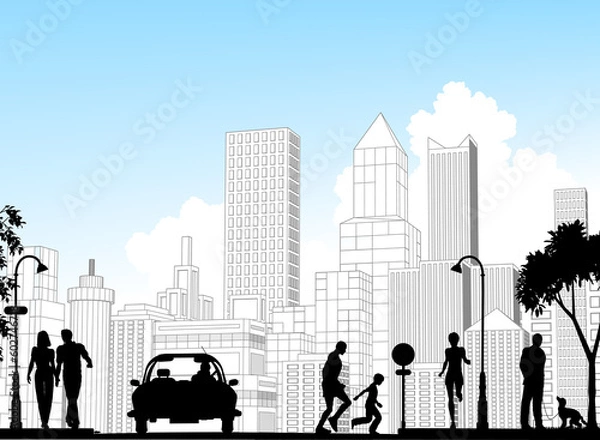 Fototapeta Editable vector silhouette of a busy street with city buildings as background; all silhouette elements as separate objects.